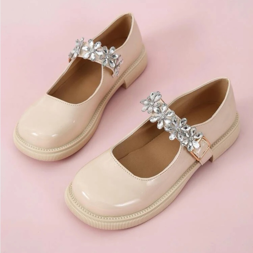 Beige Rhinestone Mary Jane Shoes